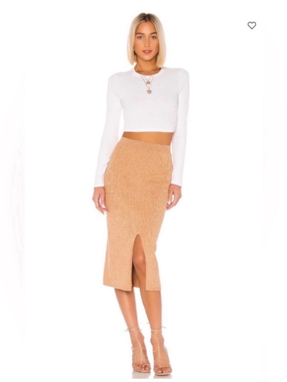 🆕 Free People Skyline Rib-knit Midi Skirt Tan Front Slit Size Small